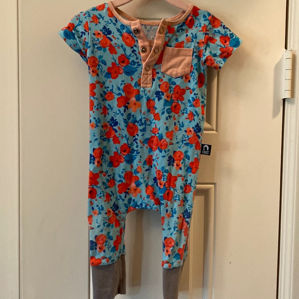 RAGS | Short Sleeve Henley - 'Blue Poppy Floral' - Coral - 6-12M - Picture 2 of 6